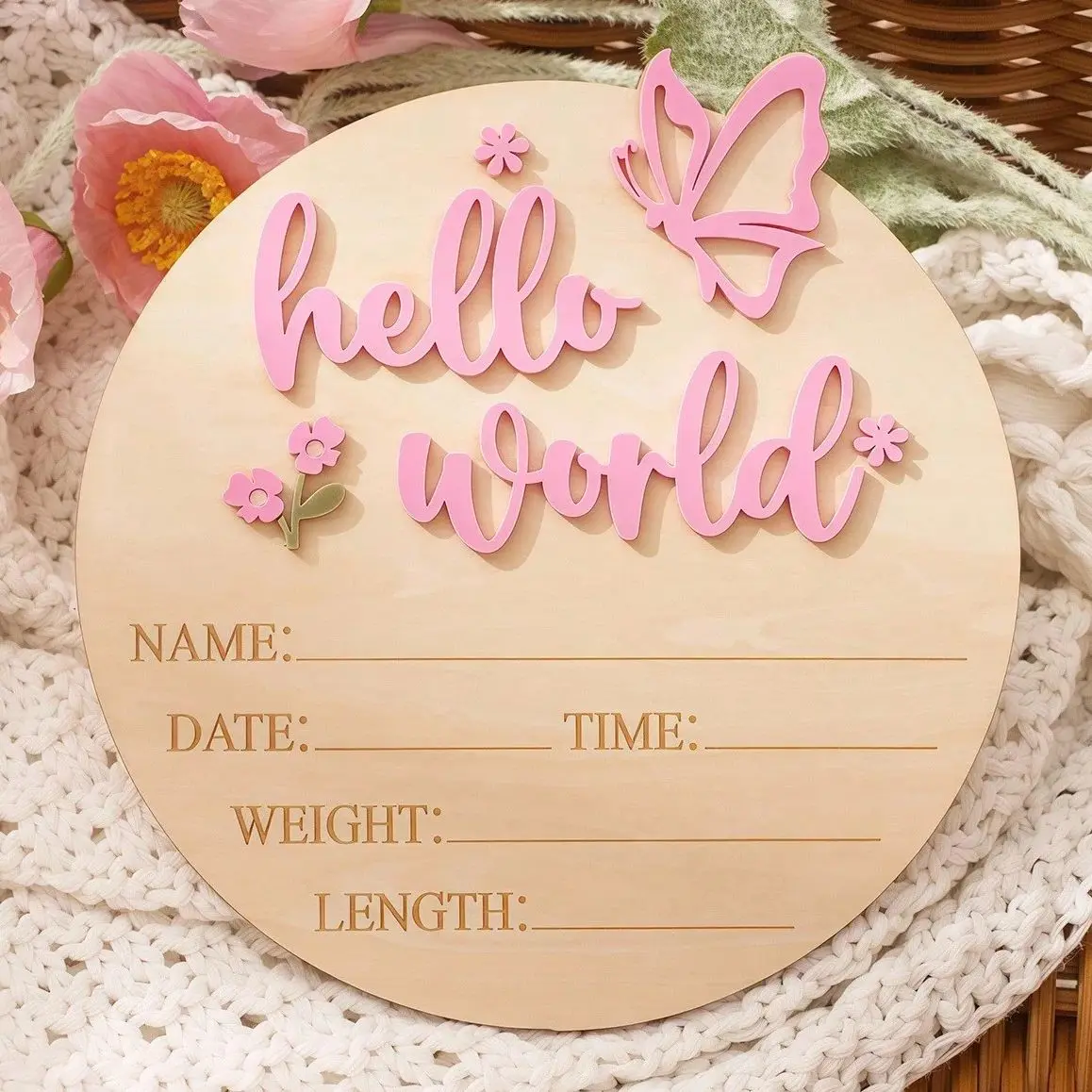 Ylsteed Hello World Newborn Name Sign Dusty Pink Butterfly Star Deco Baby Birth Announcement Sign For Hospital Newborn Props-HD
