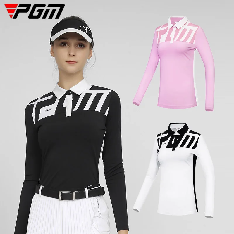 

PGM Autumn Women Button Collar Golf Shirt Ladies Stretch Sports T-shirt Windproof Slim Long-sleeve Golf Tops Printed Sportswear