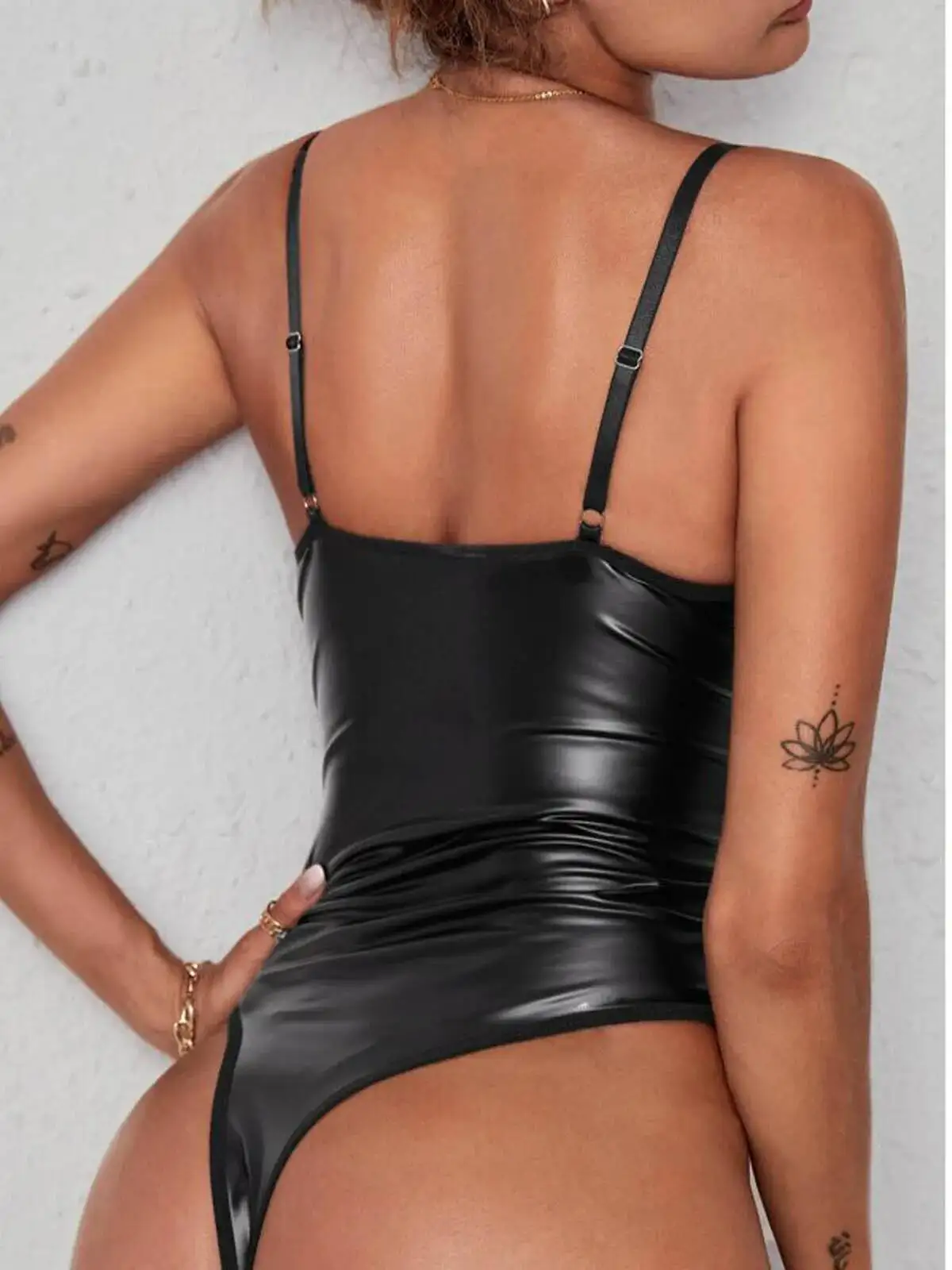 Sexy Women's Suspender Patent Leather Home Wear Bodysuits Playful Backless Deep V Sleeveless Bodysuits Pure Desire Charming 4HEA