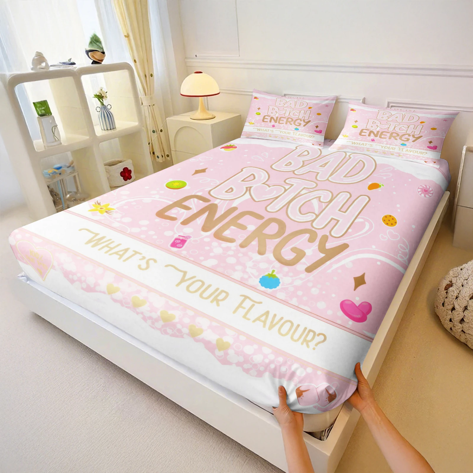 Pink Preppy Style Bad Btch Energy Letter Printed Fitted Sheet Set Trendy Preppy Aesthetic Deep Pocket Bed Sheets Pillow Shams