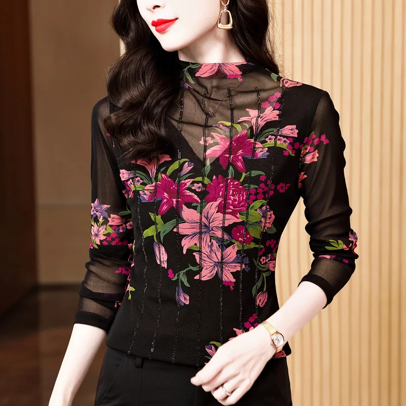 

M-3XL Black Long Sleeved Half High Neck Women's Tops Elegant Slim Hot Diamond Mesh T-Shirt Base Shirt
