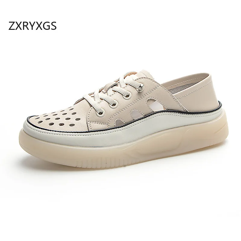 ZXRYXGS Spring Summer Flats White Sneakers 2024 Genuine Leather Hollow Breathable Sandals Casual Sneakers Women Large Size Shoes