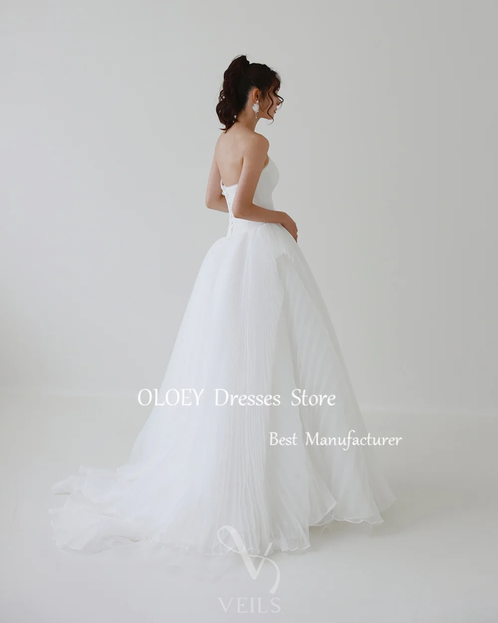 OLOEY Elegant Ivory Strapless ชุดแต่งงานสายเกาหลีถ่ายภาพแขนกุดชุดเจ้าสาวความยาวชั้น Custom Made Corset