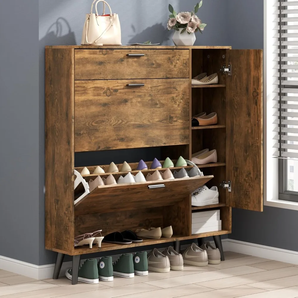 

shoe storage cabinets, 16 pairs free standing shoe organizer with 2 flip drawers for entryway, narrow 3 tier entryway hidden sho