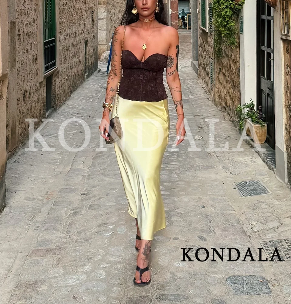 KONDALA Elegant Chic Satin Midi Skirt for Women 2026 Summer Trend High Street Holiday Skirt Simple Versatile Elastic Waist Skirt