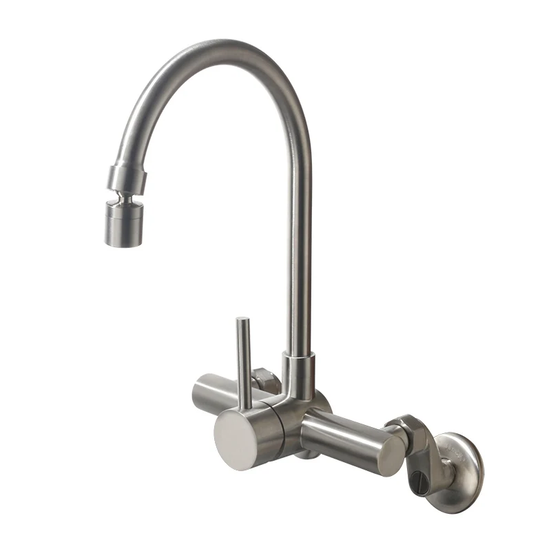 Wall Mount 2 Hole Sink Faucet Brushed Dual Function Faucet Single Handle Mixed Faucet Rotatable Curved Pipe Faucet