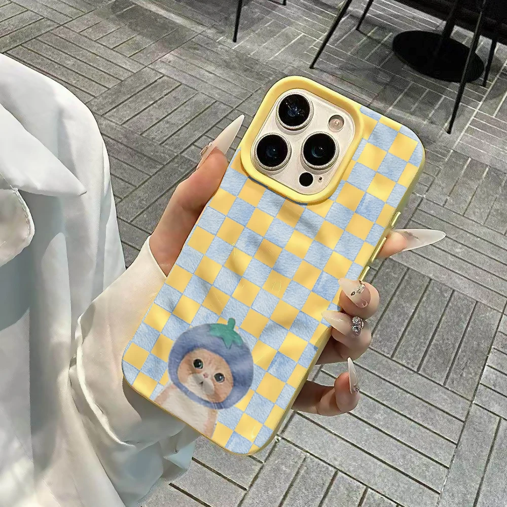 Modisches kariertes Handyhülle mit süßem Katzenmuster für iPhone 17 16 15 14 13 12 11 Pro Max 14 Plus 17Air, weiche Silikonhülle mit Falten-Wellen-Design – Detail 5