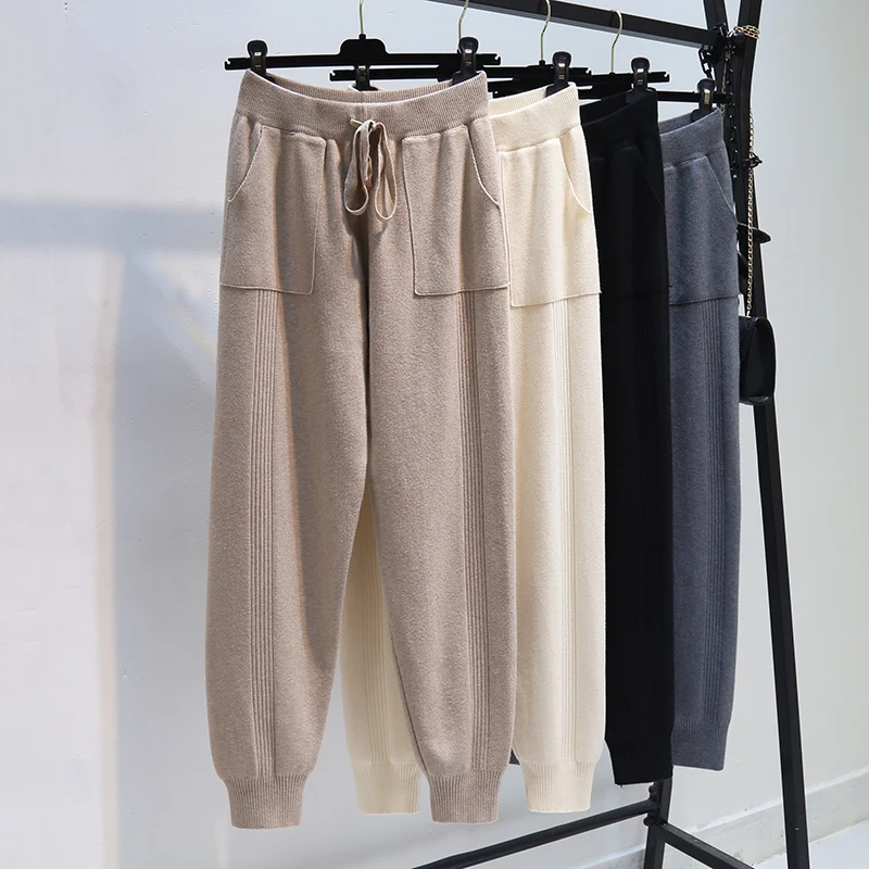 

loose Women Elastic Waist Drawstring Trousers Thick Knitted Harem Pants Autumn Winter Sport pants sweater Knitted Carrot pants