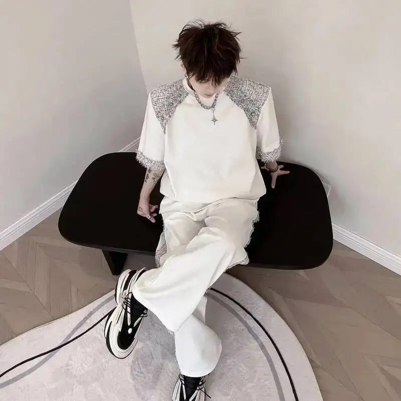Summer Two Men's Pieces Set Tweed Patchwork Design Short Sleeve T-Shirt And Loose Wide Leg Long Pants Casual Sets OF7V view 5