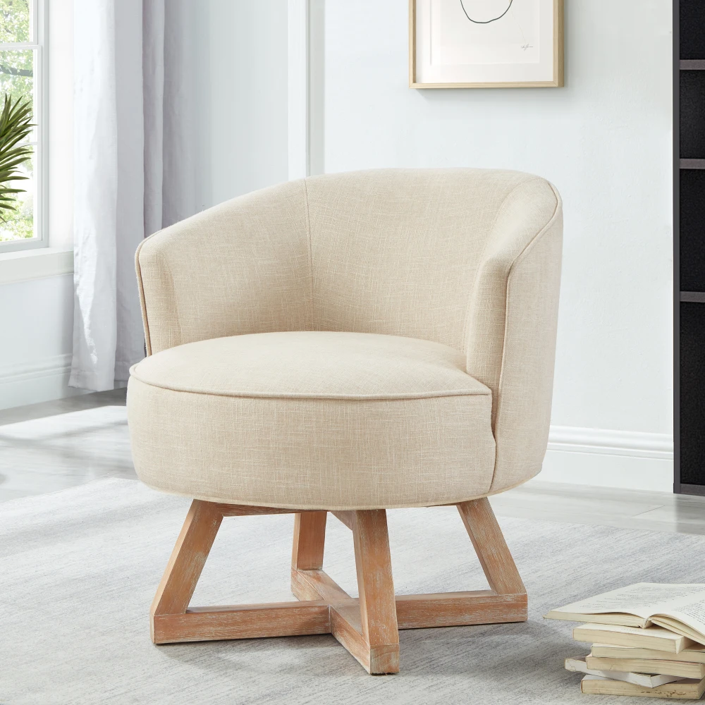

Swivel chair with cross-wood base, rest chair with solid wood legs, 360° free swivel chair, classic linen fabric