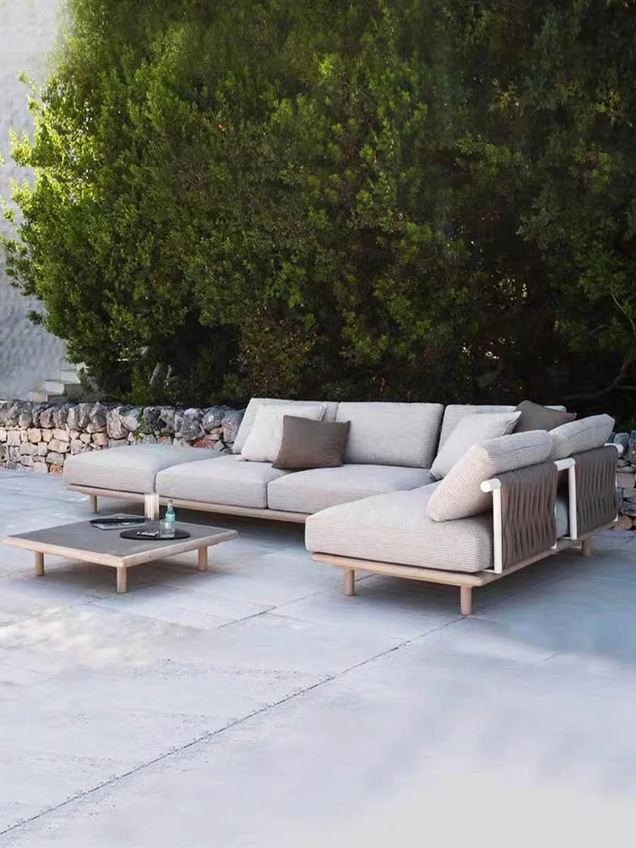 

Outdoor courtyard sofa rattan solid wood terrace garden villa outdoor solid wood design rattan chair combination yard furniture