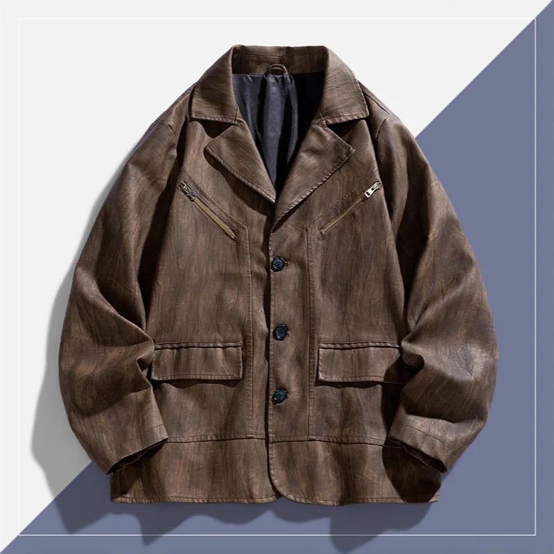 

Autumn Man Leather Jakcet American Retro Turn Down Collar Male Leather Coat Long Sleeve Solid Loose Motorcycle Men Outerwear