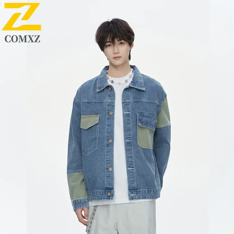 

COMXZ 2025 Мужская куртка, повседневная свободная модная лоскутная ветрозащитная куртка для кемпинга, пешего туризма, путешествий, джинсовые куртки, уличная одежда в консервативном стиле, верхняя одежда