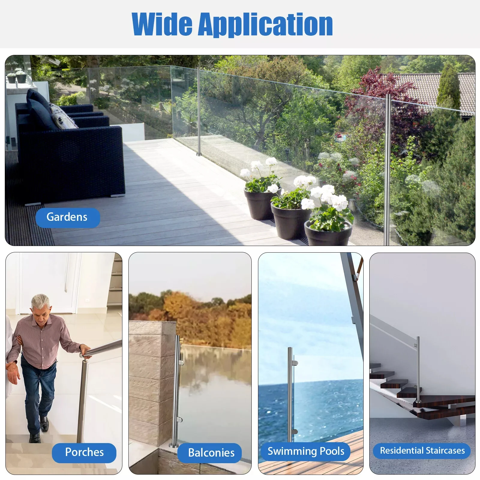 Aço inoxidável Vidro Balaustrada Postes, 110cm, Design Contemporâneo