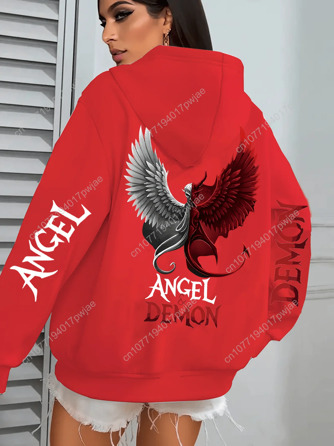 Sweater Berkerudung dengan Cetakan Malaikat dan Iblis |   Jaket Zip-up Modis dengan Kantong, Nyaman untuk Musim Gugur/Musim Dingin