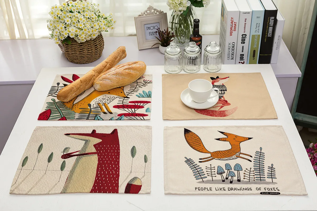 Placemat for Dining Table Fox Pattern Placemat Cartoon Dining Table Mat Tea Coaster Cotton Linen Pad Kitchen Bowl Cup Mats