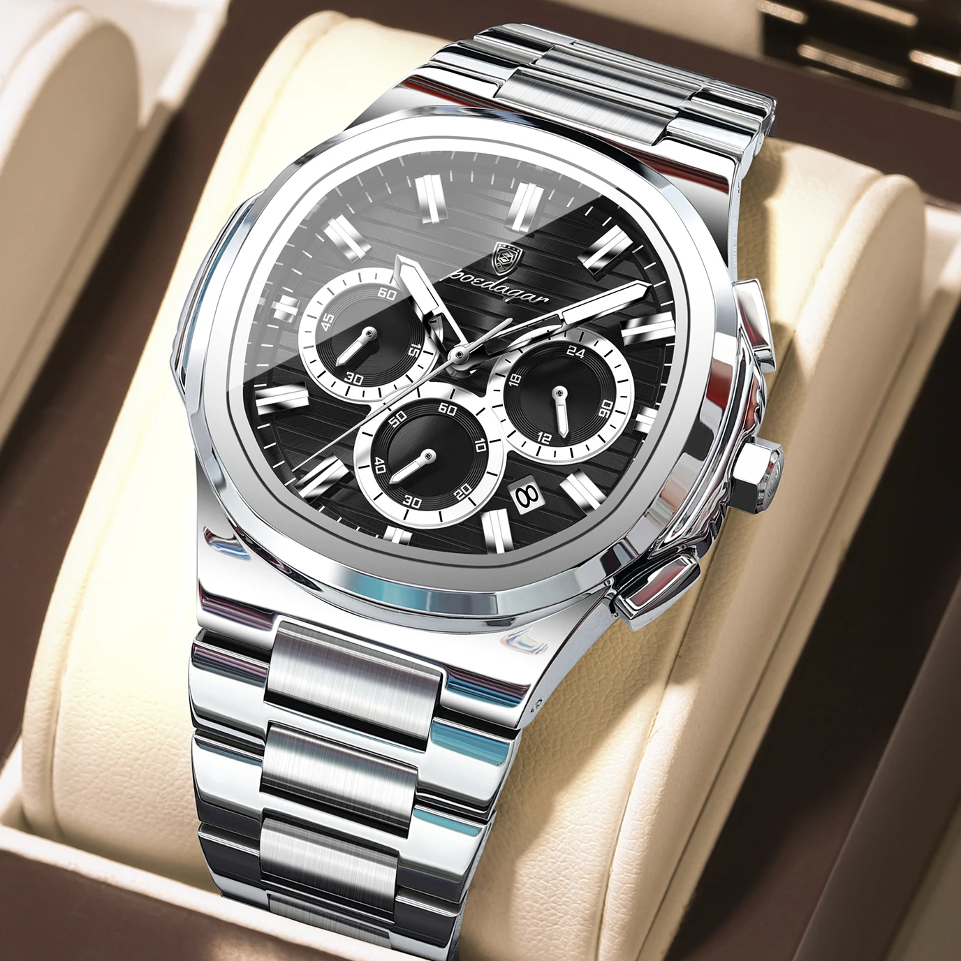 POEDAGAR Top Herren-Armbanduhr Leuchtend Wasserdicht Edelstahl Mode Herrenuhr Datum Chronograph Quarz Business Herrenuhren