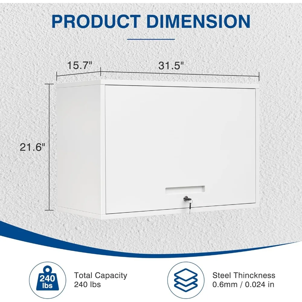 Gabinete de almacenamiento de metal blanco montado en la pared con estante y cerradura para garaje, almacén, uso doméstico