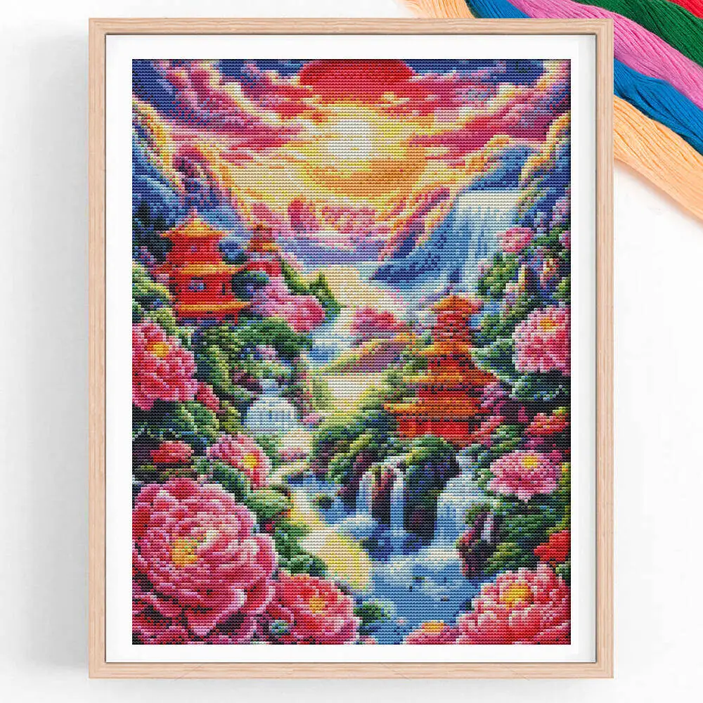 

11CT Cotton Thread Peony Waterfall Pavilion Cross Stitch Landscape New Full Embroidery Printed Wall Decor Home Decoration Gift