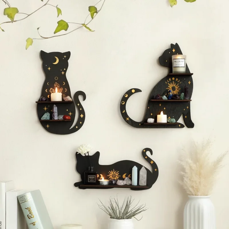 

Black Cat Crystal Display Shelf, Wooden Moon Phase Wall Decor, Rustic Stone Holder, Stylish Storage Rack for Airbnb or Home