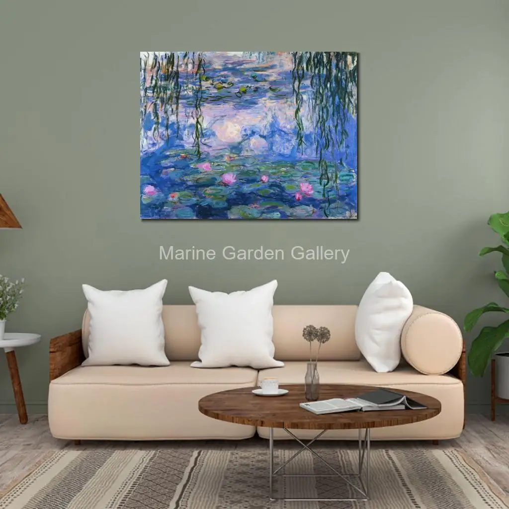 Romantic Contemporary Canvas Masterpiece Handmade Claude Monet Painting Water Lilies Nympheas Landscape Wall Decor for Bathroom