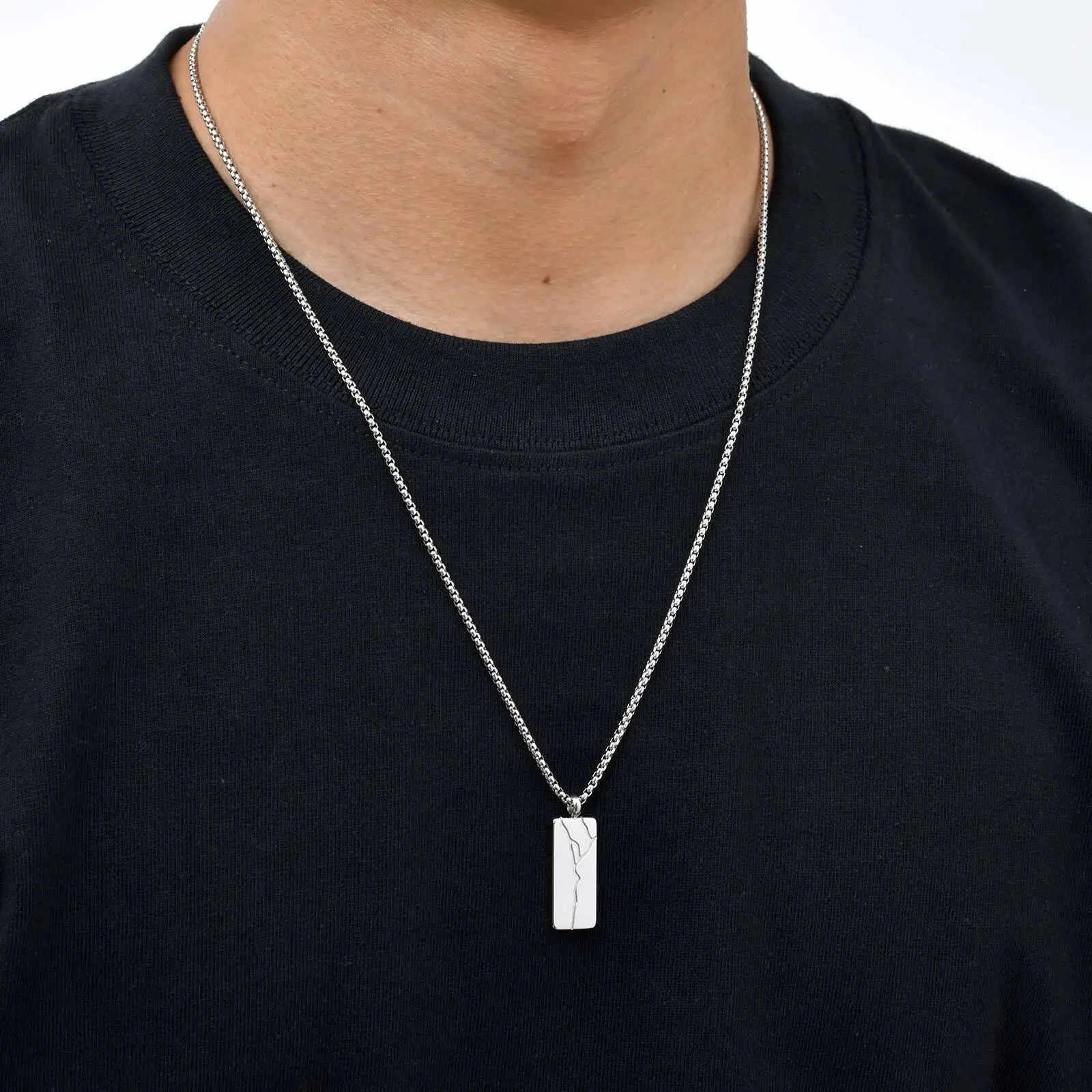 Vnox Cracked Square Pendant Necklace,  Adjustable Length Chain Pendant, Black Stainless Steel Jewelry Gifts for Men Husband Son