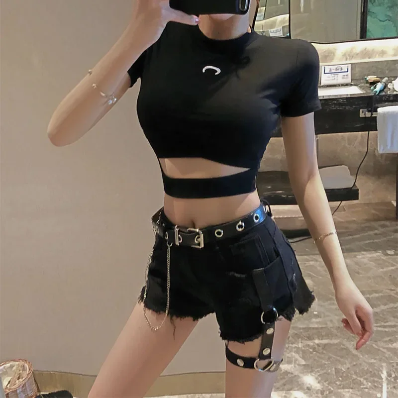 Women's Open Navel T-shirt, Short Sleeve Top, Elastic, Tight, Elastic, Moon, Sexy Fashion, Spring, Summer, New