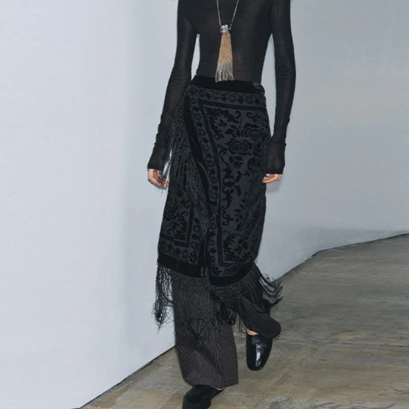 Vrouwen Elegante Fluwelen Gesplitste Kwastje Rok Vintage Bloemen Gedrukt Lange Rokken Commuter Casual Kleding 2026 Nieuwe Dame Streetwears