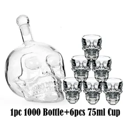 Glass Skull Head Bottle Cup Set Vodka Whiskey Wine Tea Drinking Bottle Decanter 1 Bottle with 6 Cups Kit Bars Dispenser