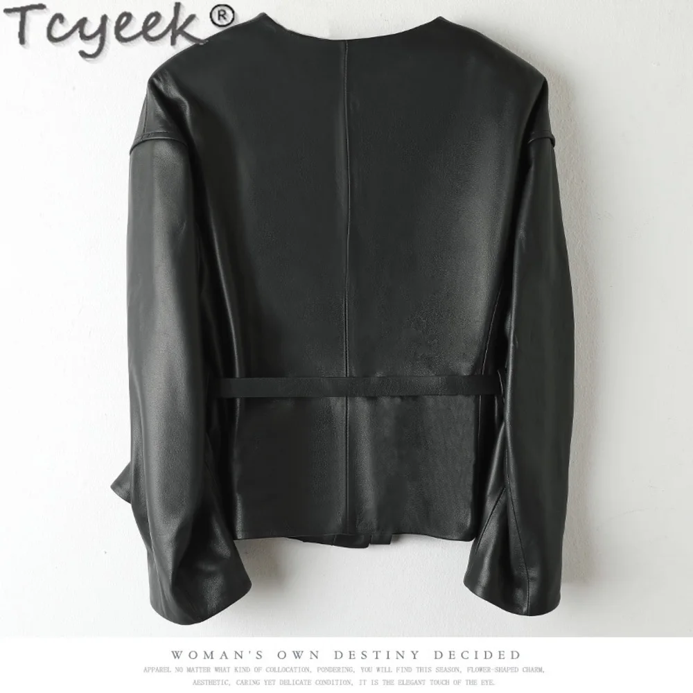 Tcyeek-chaquetas de piel auténtica para mujer, abrigo con cinturón, capa superior de piel de oveja, para primavera y otoño, novedad de 2024