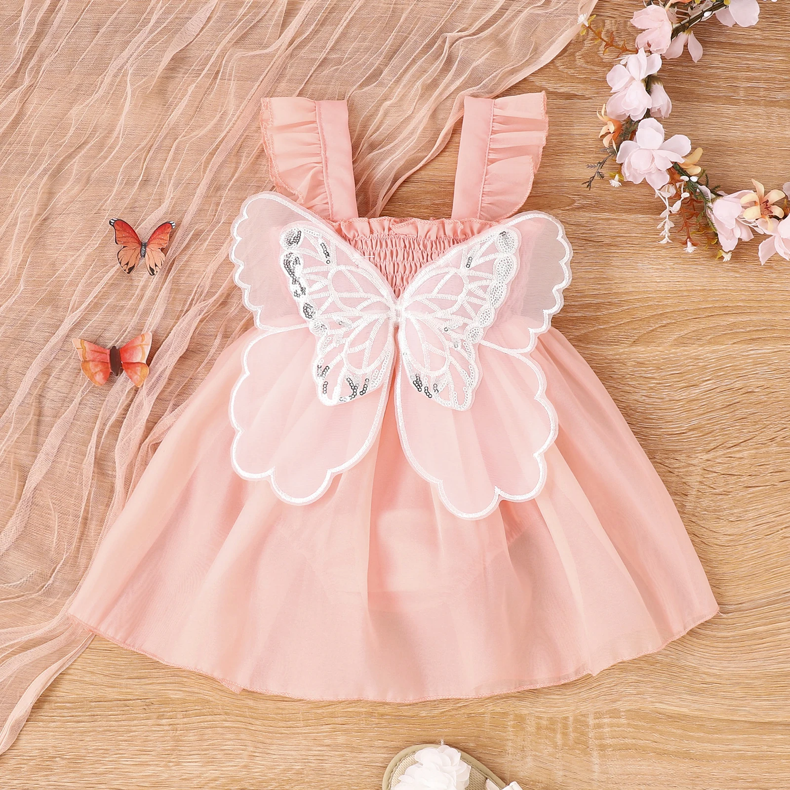 Summer 0-2 Years Old Baby Girl Baby Soft Comfortable Cool Beautiful Two-Color Halter Butterfly Mesh Dress