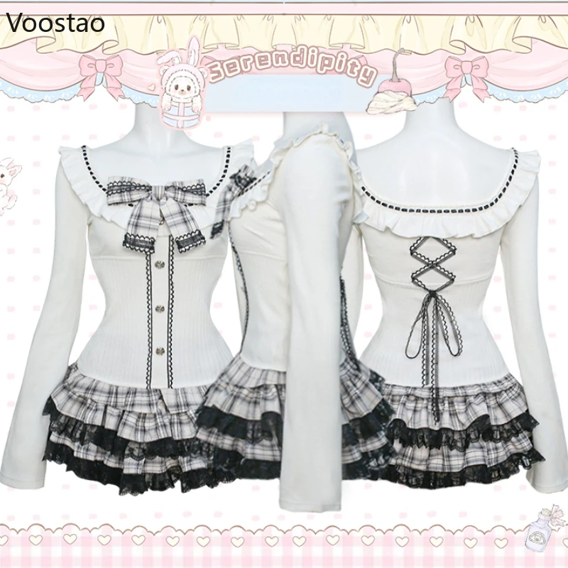 Japanese Gothic Lolita 2 Piece Sets Women Sweet Bow Long Sleeves Blouse Tops Lace Ruffles Plaid Mini Skirt Female Korean Outfits