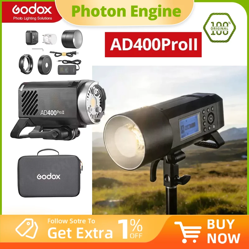 Godox AD400Pro II TTL Built-in Li-on Battery 2.4G Wireless X System Strobe Light 1/8000s HSS Flash Light for Canon Nikon Fuji