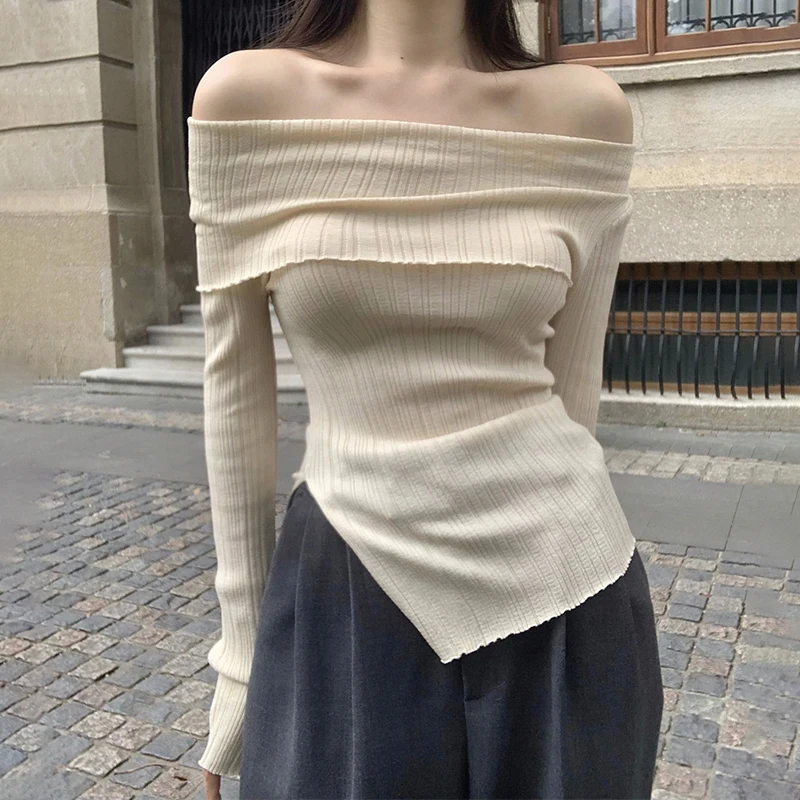 MEXZT Elegant Slash Neck Sweaters Women Irregular Split Knitted Jumpers Korean Slit Solid Basic Slim Pullovers Autumn Knitwear