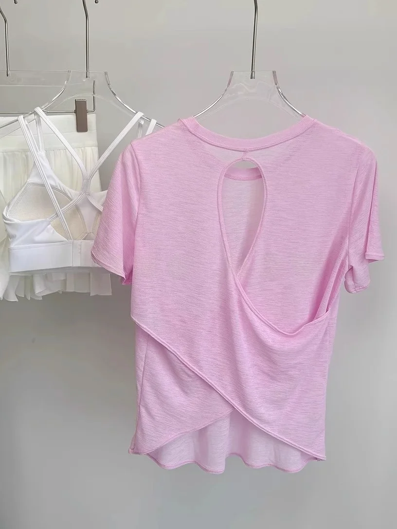 

Sexy Hollow out Ba Yoga Clothes ort Sve Women's Loose Breathable Summer Fitn Sports Top Ins Sle Korean Version