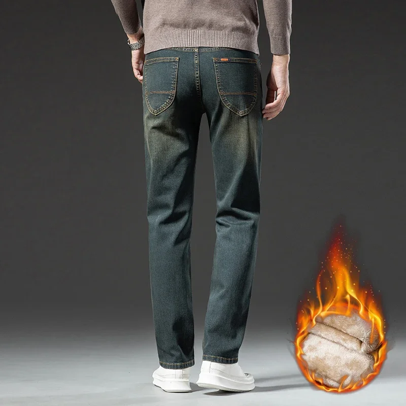 冬の新メンズブランド厚い起毛ジーンズカジュアル弾性快適なストレートファッションレトロフリースデニムパンツ