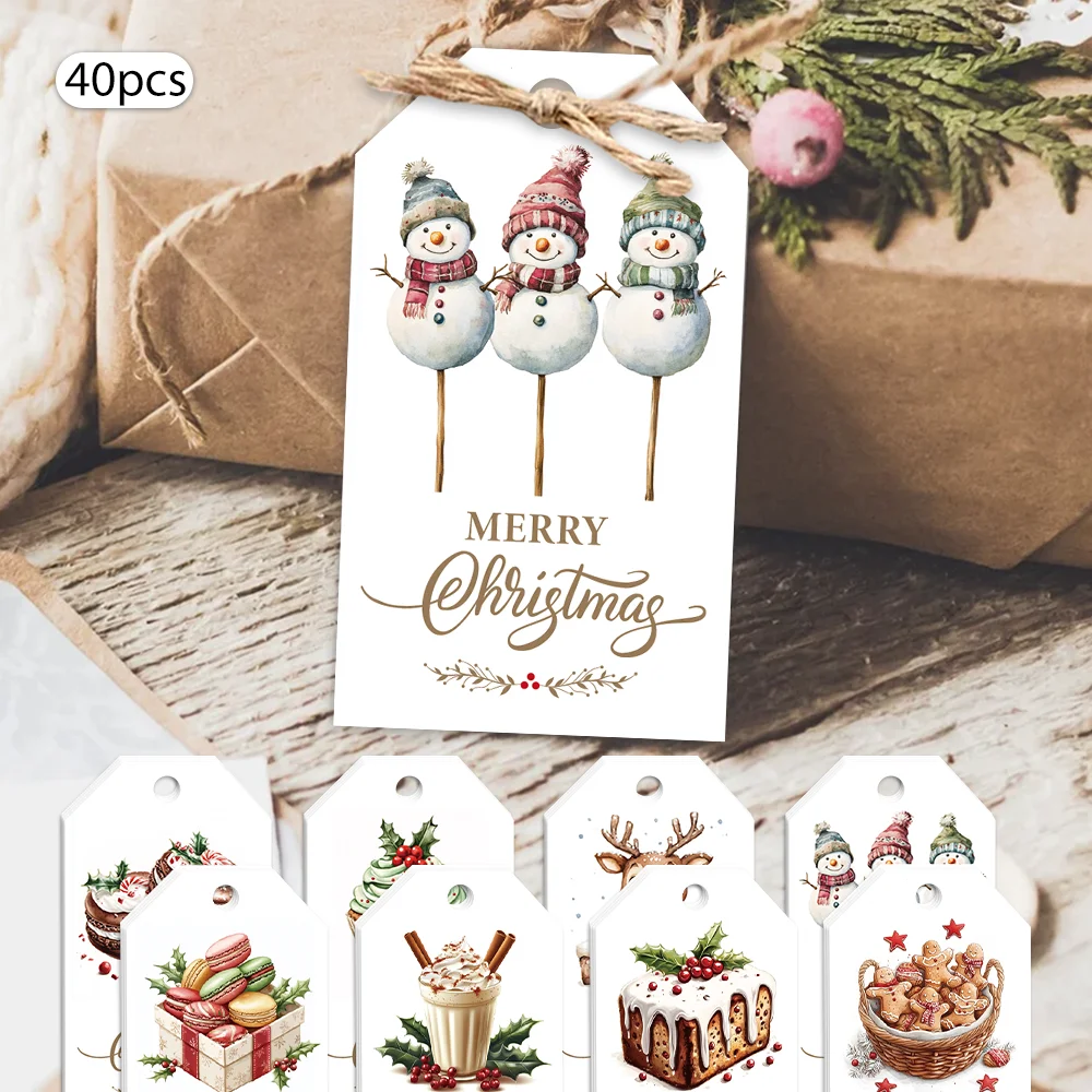 40 шт., рождественские бирки, подарочные этикетки, украшения для вечеринок, открытки «сделай сам», праздничный домашний декор, поздравительные открытки, праздничные открытки, подарочный шпагат