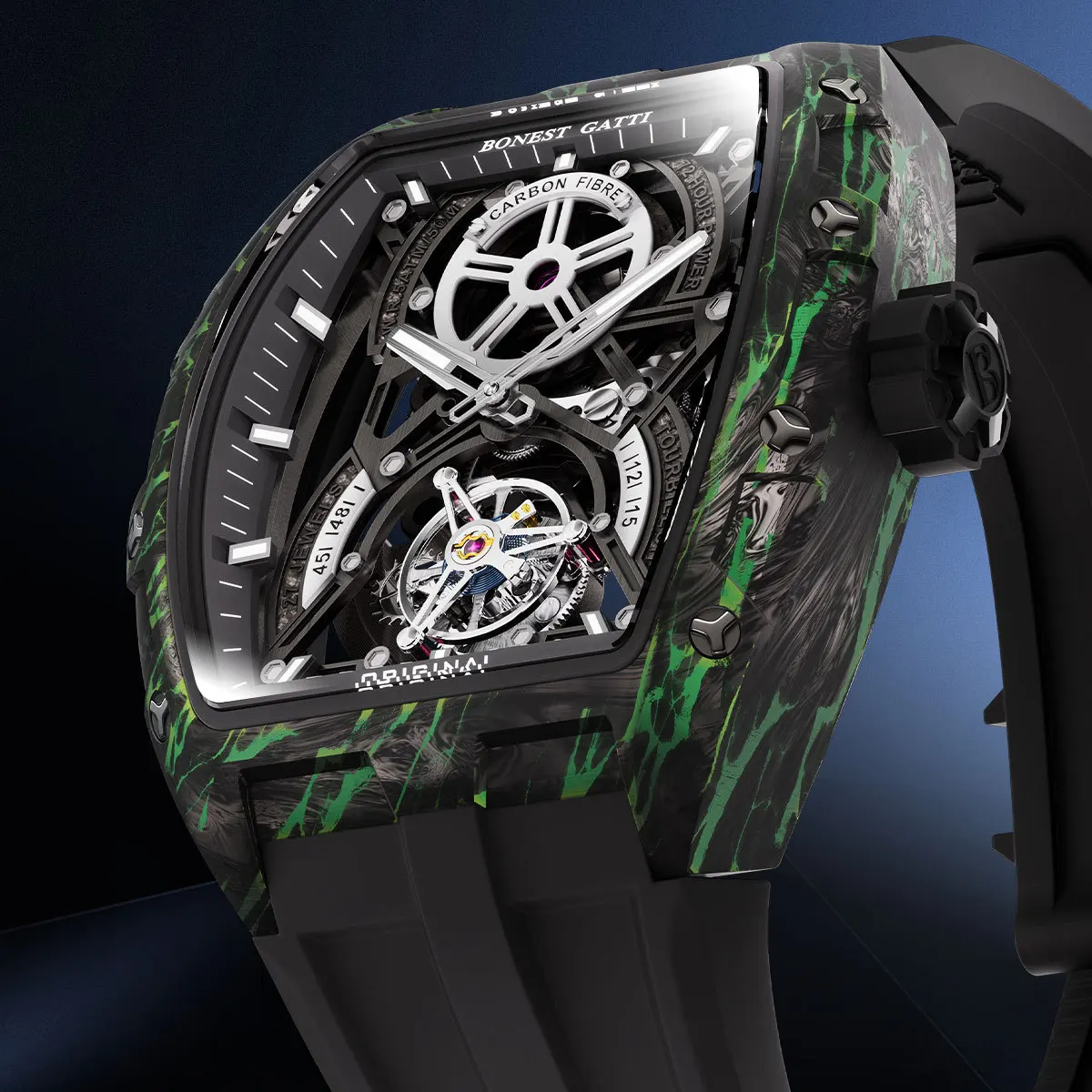 BONEST GATTI Advanced carbon fiber Watch Tourbillon Tonneau Mechanical Wristwatch Carbon Fiber Case Rubber Strap Watches For Men