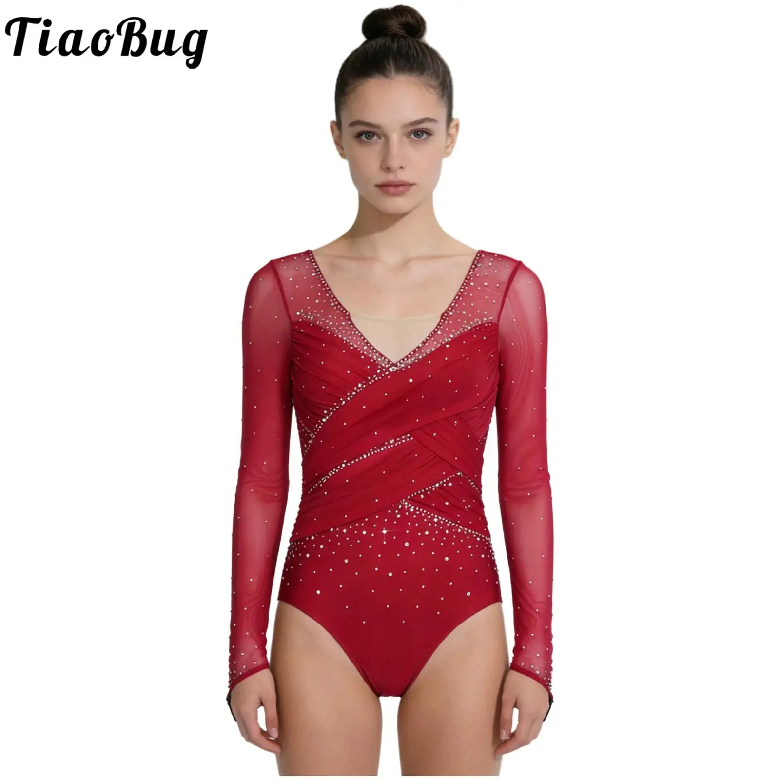 

Women Rhinestones Leotard for Ballet Gymnastics Figure Skating Performance Mesh Long Sleeve V Neck Buttoned Crotch Jumpsuit Tops