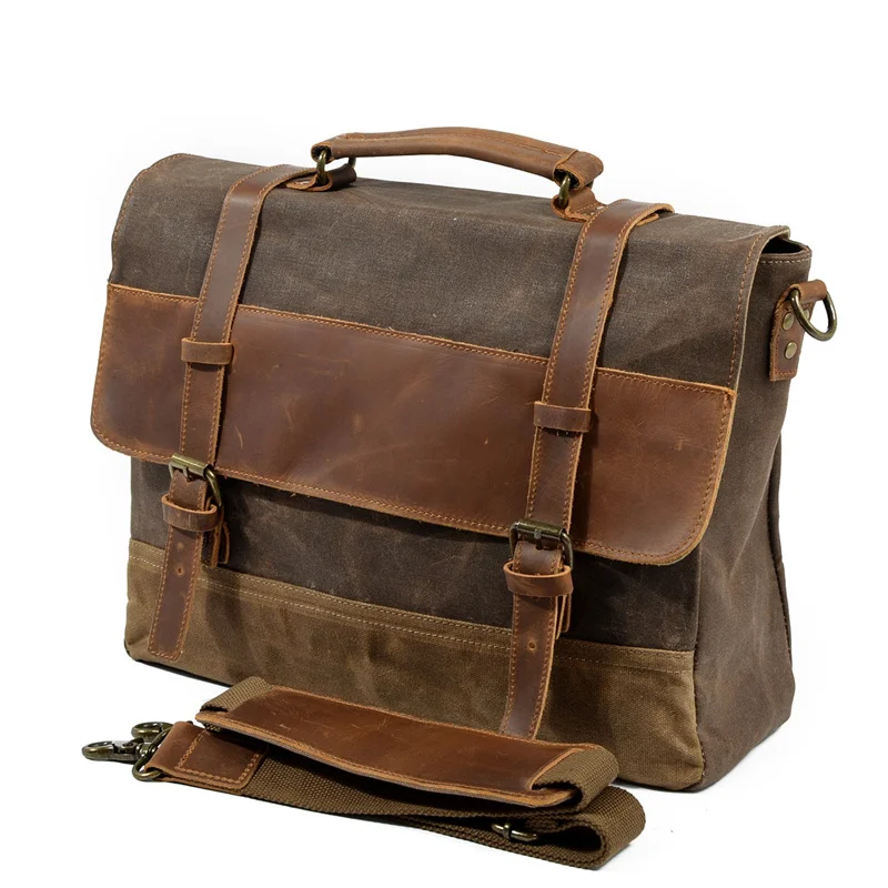 Nesitu Vintage A4 Wax Canvas Genuine Leather Executive 14'' Laptop Women Men Briefcase Portfolio Shoulder Messenger Bag M88806