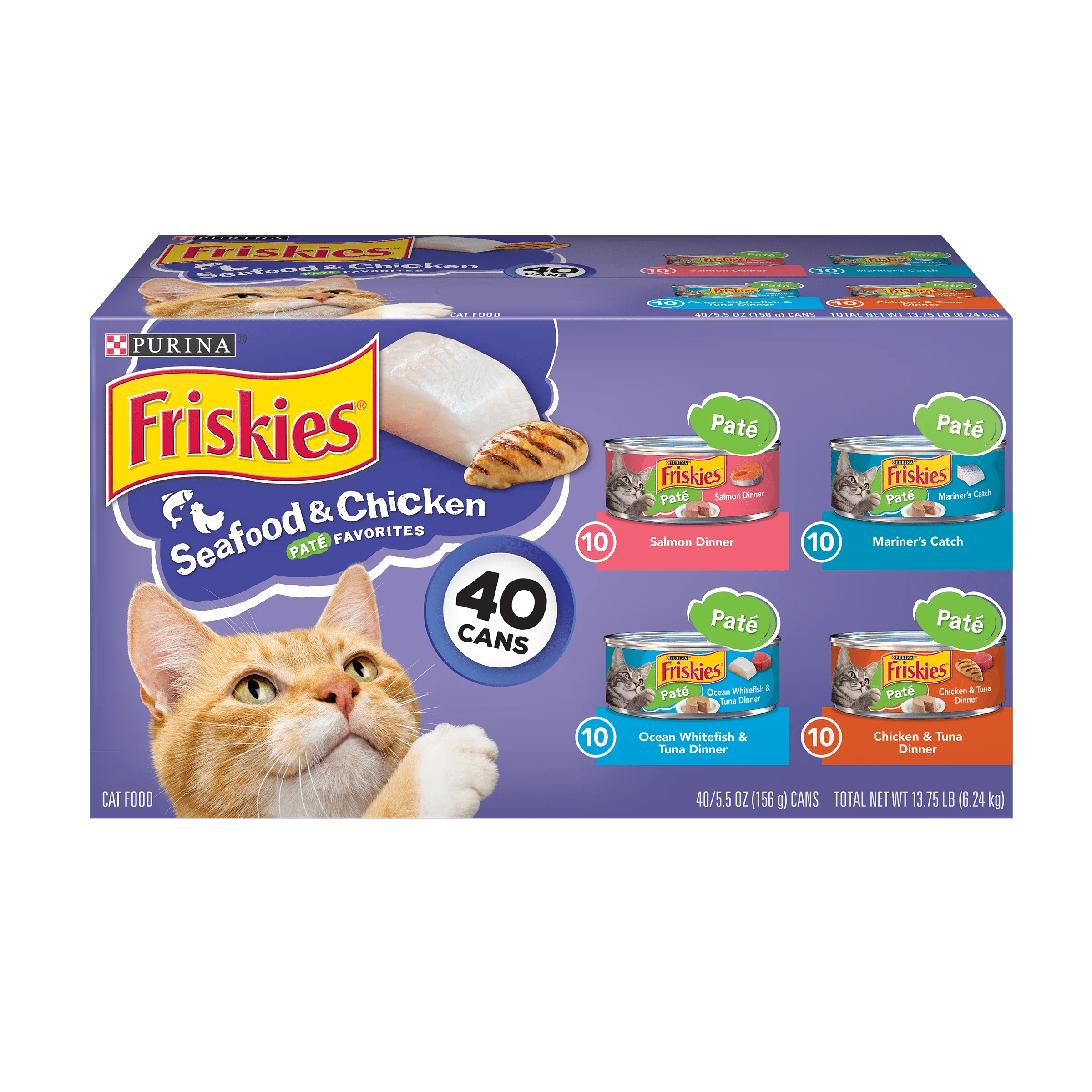 

Purina Friskies Pate Wet Cat Food, набор различных мягких морепродуктов и куриц, банки 5,5 унции (40 упаковок)