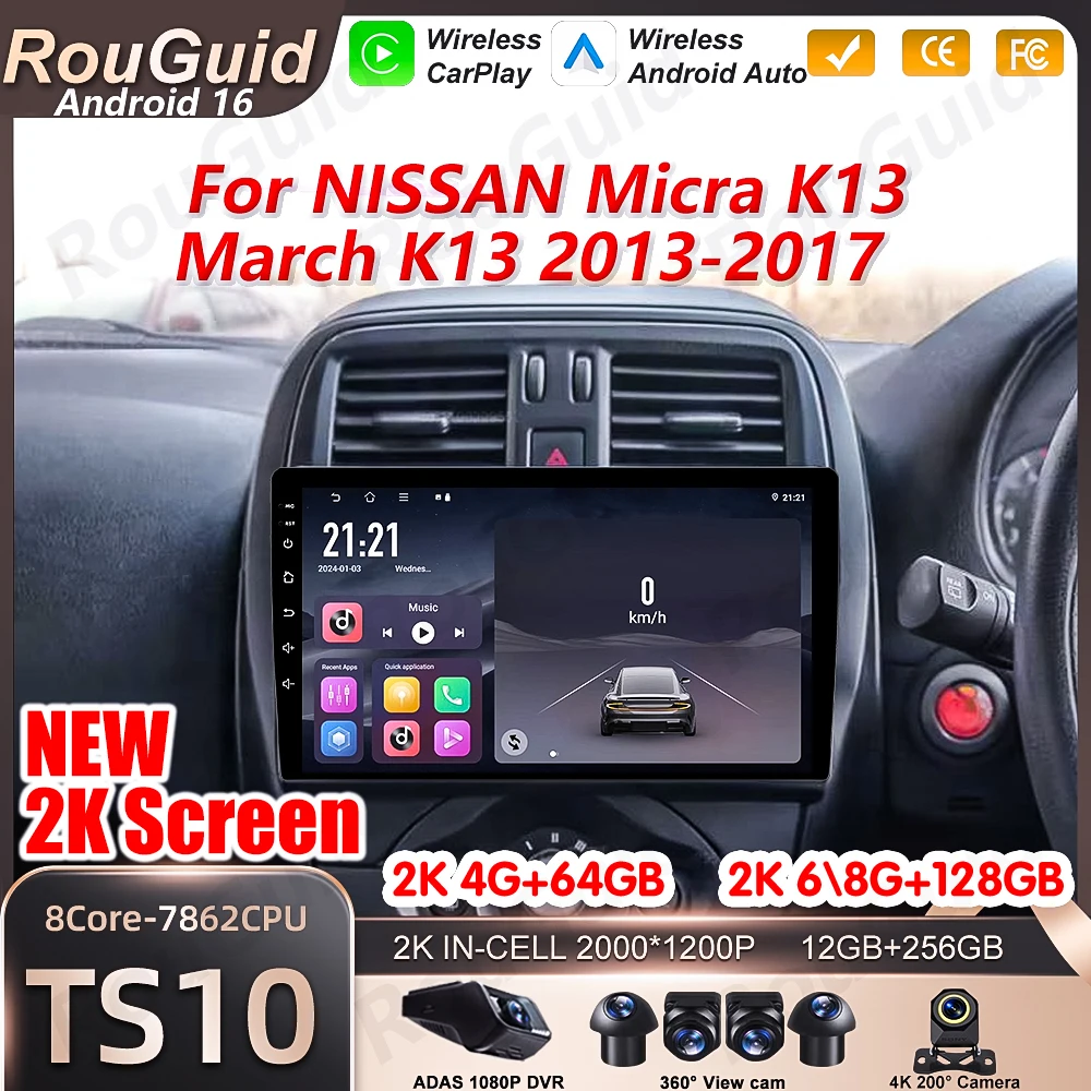 

Android 16 Carplay For NISSAN Micra K13 March K13 2013-2017 Bluetooth Multimedia Player 5G Wifi 2k Touch Screen Wireless Stereo