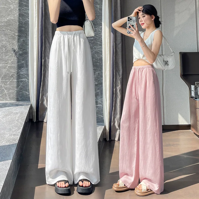 Linen Wide-leg Pants Women's High-waisted Drawstring Drape Lightweight Casual Straight-leg Pants