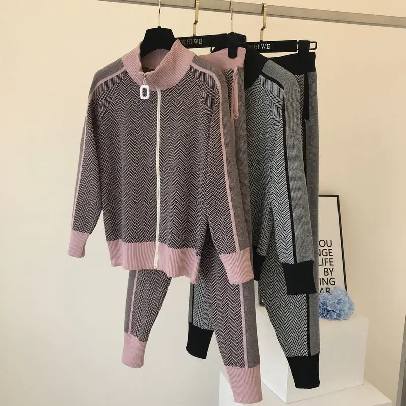 Check Knit 2 Pieces Sets Women Casual Zipper Knitwear Cardigan Tops Conjuntos Korean High Waist Ankle Length Jogger Pants Outfit