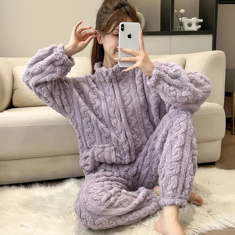 Autumn Winter Pajamas Set Women Coral Velvet Coat 2023 New Outfit Solid Color Flannel Padded Home Service Suit Female Jacket Top