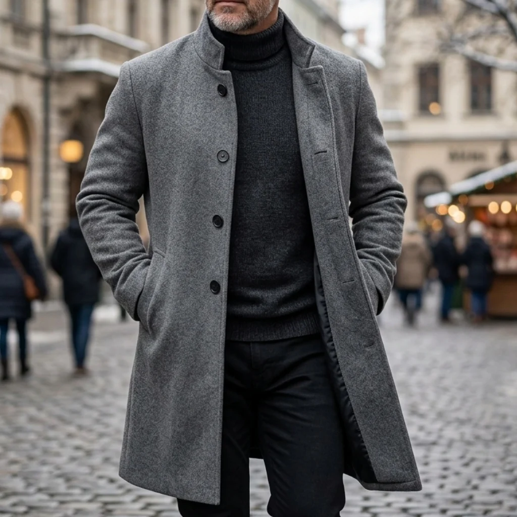 New Winter Men's Single-Breasted Invisible Button Trench Coat Knee-Length Fit Casual Streetwear Business-Appropriate Warm Jacket