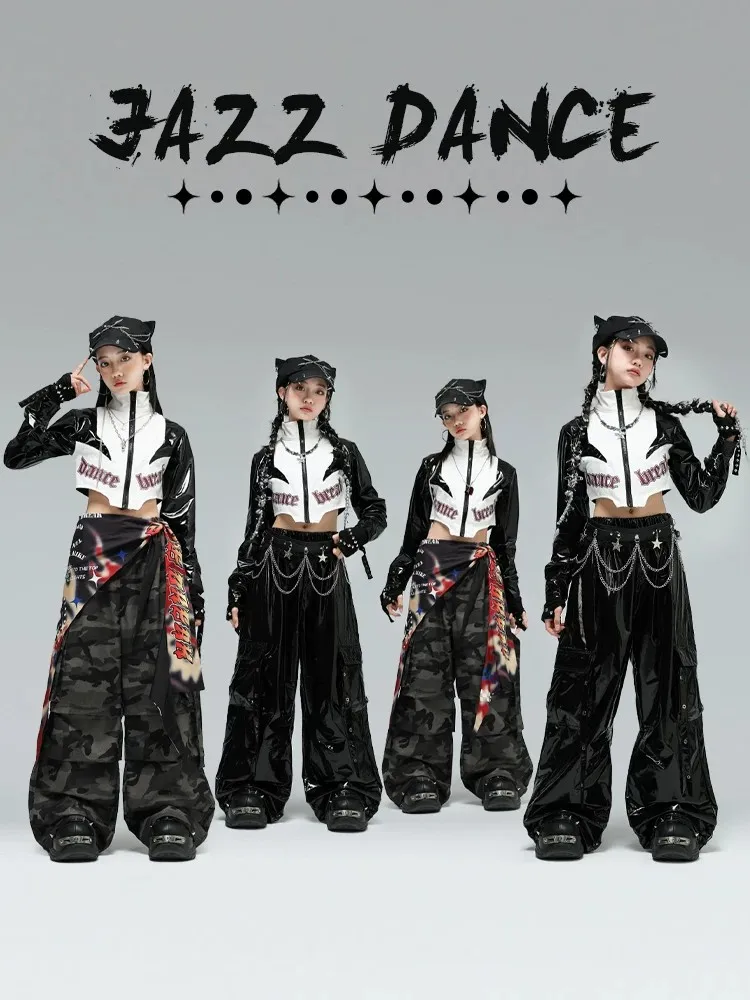 

Крутая детская кожаная куртка для джазовых танцев, модный уличный костюм для выступлений, стильная уличная одежда для девочек