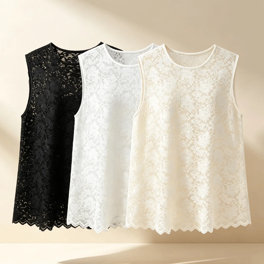 Casual Round Neck Sleeveless Lace Tank Top Lightweight Floral Pattern Sheer Blouse Layering Piece Breathable Lace Vest