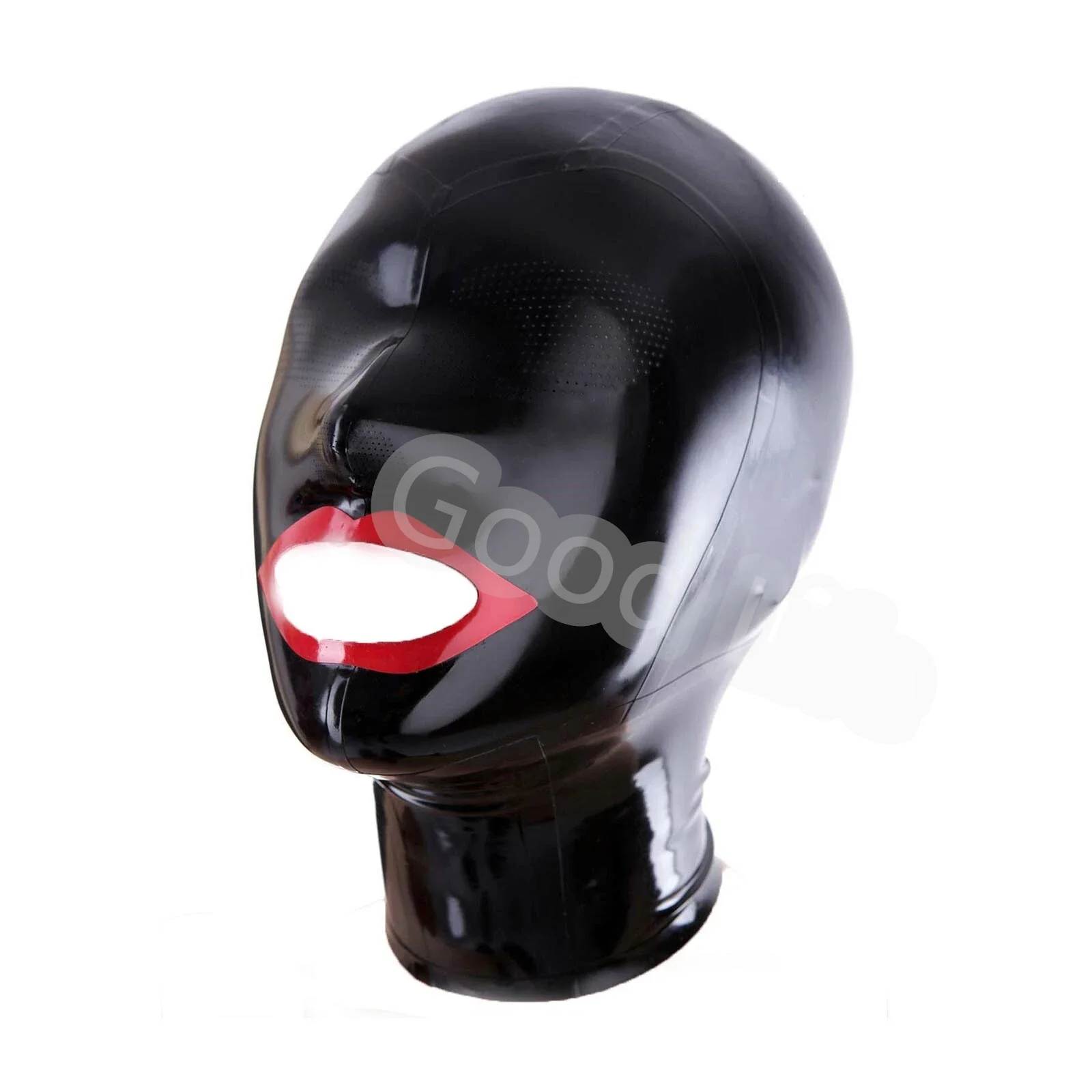 

Черная латексная маска ручной работы с красной отделкой, резиновый фетиш-капюшон, головной убор с микроперфорацией и открытым ртом, молния сзади, боди Gummi
