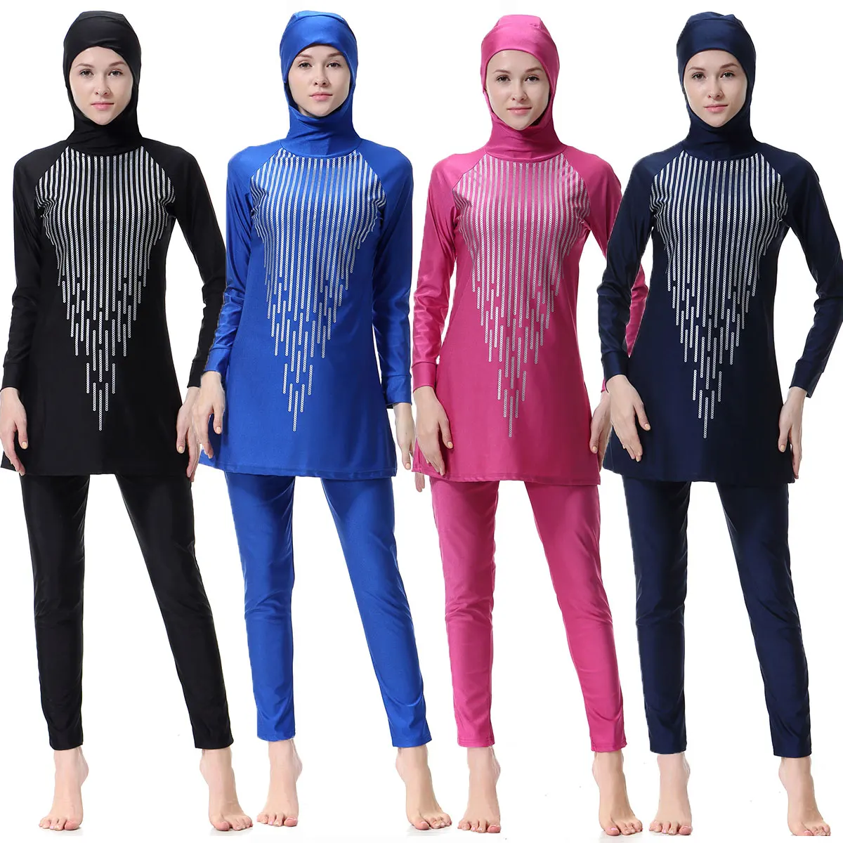 S-3XL Muslim Women Swimwear Burkini Modest Full Cover Hoodie 2-Piece Printed Islamic Swimsuit Solid Color Quick Dry